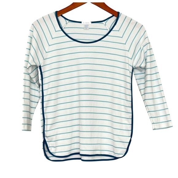 Lake Women's Pajama Top T-Shirt White Blue Stripe Teal Trim 3/4 Sleeve Size XXS - Picture 4 of 4